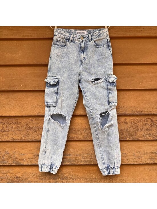 Cargo Jogger Denim - Distressed Acid Wash Denim Cargo Jogger Pants With Elastic Hem And Multiple Pock